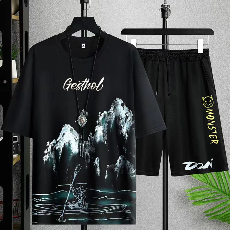 男士夏季新款冰丝短袖休闲运动套装青少年时尚潮流帅气百搭男T恤