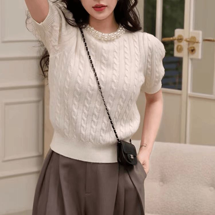 凯特丝蓓#24015两色法式珍珠麻花条套头通勤短袖针织衫上衣1-959