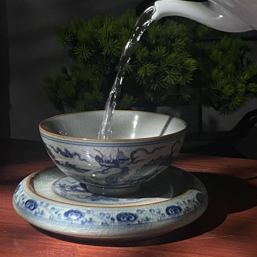 景德镇纯手工手绘柴窑青花老陶泥仿明宣德龙纹盖碗带托式壶承两用