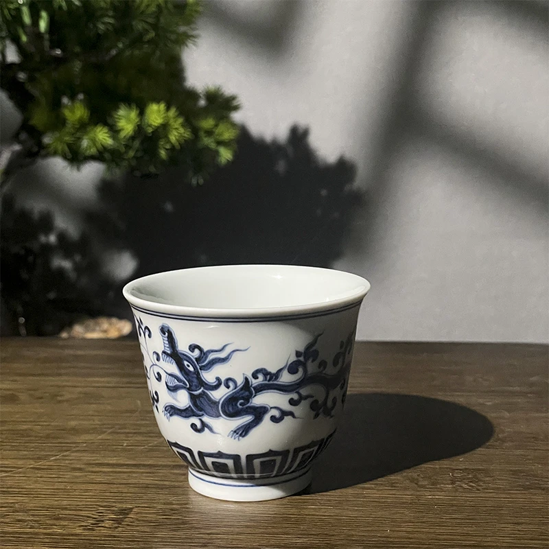 景德镇纯手工手绘仿元柴窑青花瓷草龙菱龙铃铛杯功夫茶具高档男女