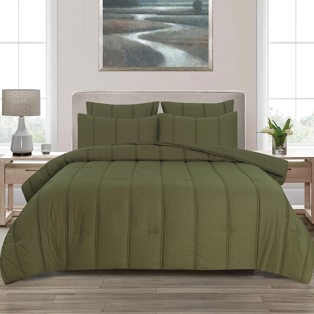 艾玛家军绿色竖条三件套6斤加棉秋冬被出口欧洲