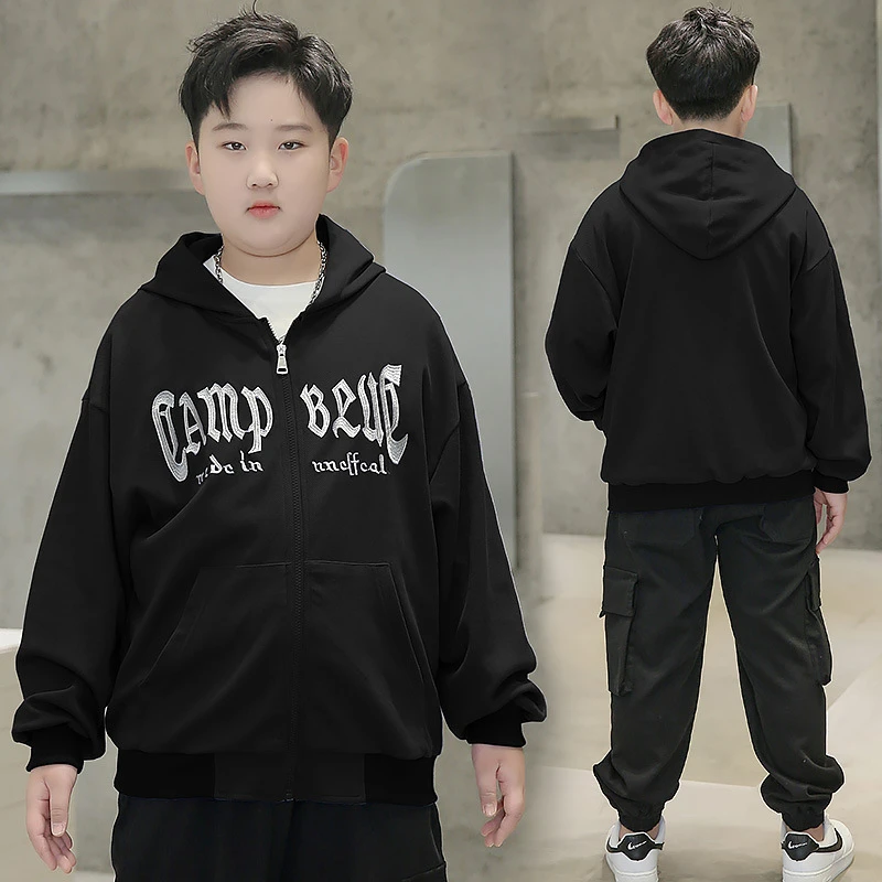 青少年秋季新品针织长袖外套胖男童加大宽松码连帽拉链衫胖孩子潮