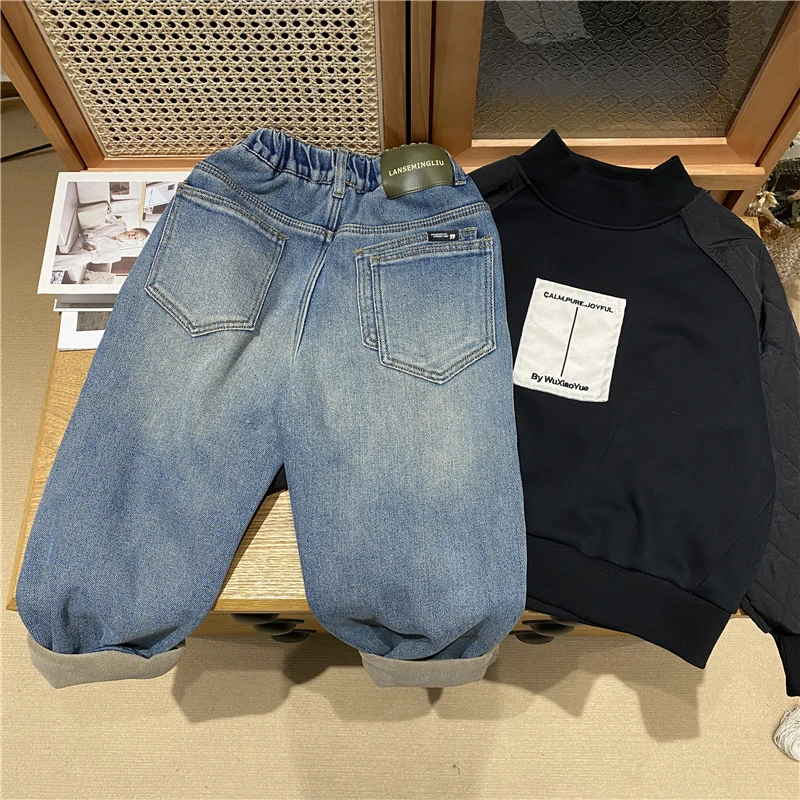 吴小越zb1688男童秋冬加绒牛仔裤刺绣年货砂洗浅色年货韩版裤子