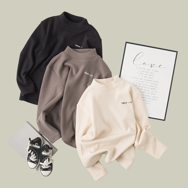 吴小越w907男童秋冬中领加厚双面绒印花韩版t恤长袖中大童打底衫