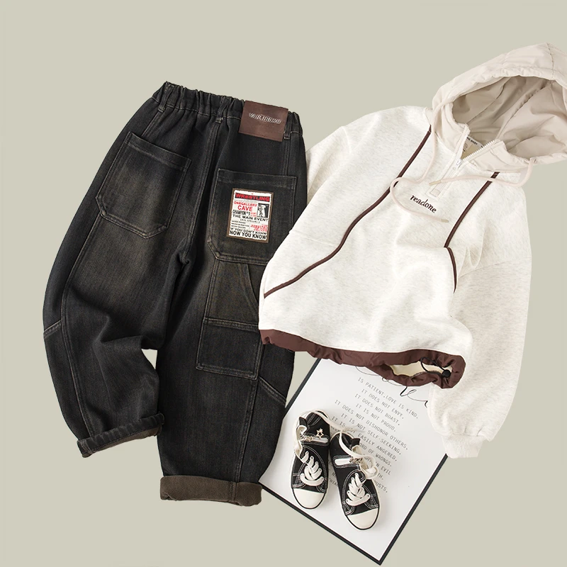 吴小越w747男童加绒黑色牛仔裤韩版痞帅男孩秋冬新款韩版长裤