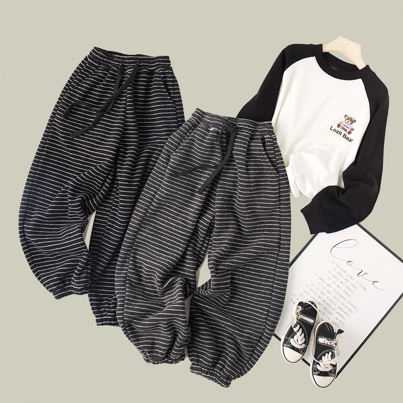 吴小越W862男童毛巾条纹卫裤加绒裤子冬款儿童长裤卫裤休闲束脚运