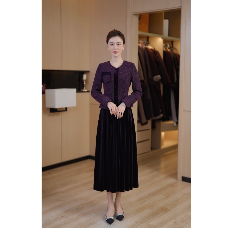 【紫霞映月】秋冬新款气质显瘦中长款时尚连衣裙高贵优雅