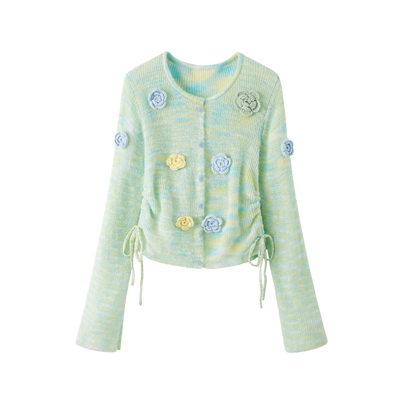 钩花针织开衫外套女2025春秋新款休闲百搭宽松外搭抽绳上衣3333