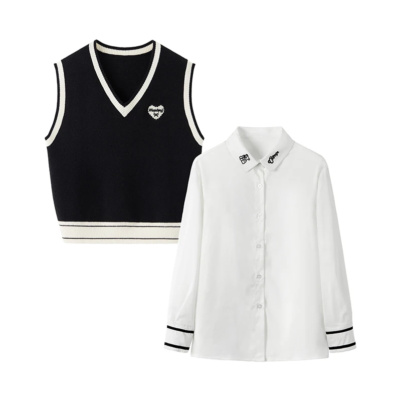 春秋穿搭一整套女休闲百搭设计感小熊刺绣衬衫爱心马甲两件套1999