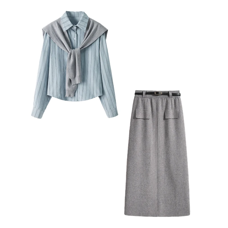 秋季穿搭一整套女2025新款披肩衬衫+半身裙（有腰带）四件套1887