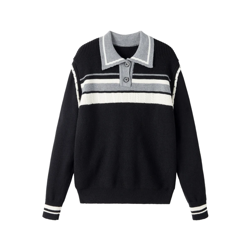 Polo领撞色条纹毛衣女2025秋冬新款休闲百搭学院风外穿针织衫1007