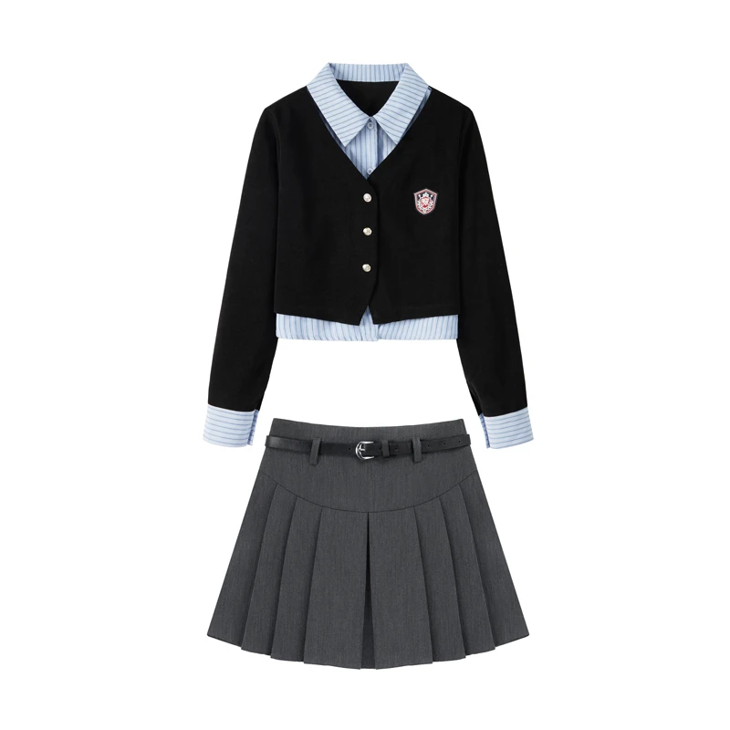 春秋装搭配一整套假两件拼接长袖上衣女款百褶半身裙两件套装1892