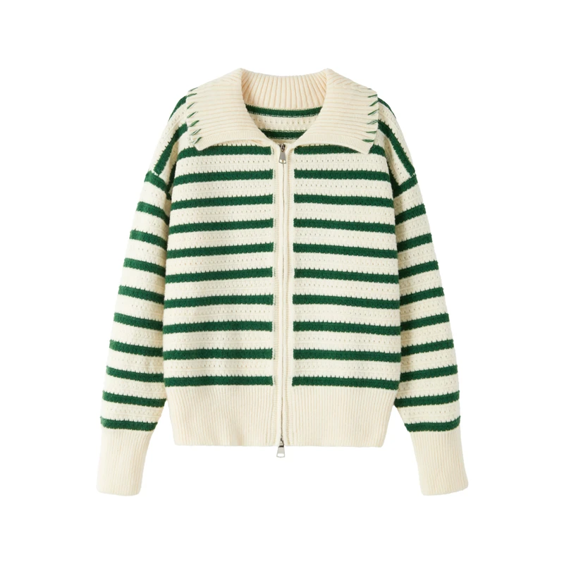 翻领毛衣外套女春秋季2025新款设计感休闲条纹外穿针织开衫1059