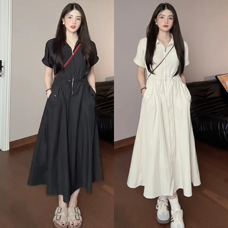 衬衫连衣裙女夏装2025新款休闲收腰显瘦气质宽松长裙子P1766