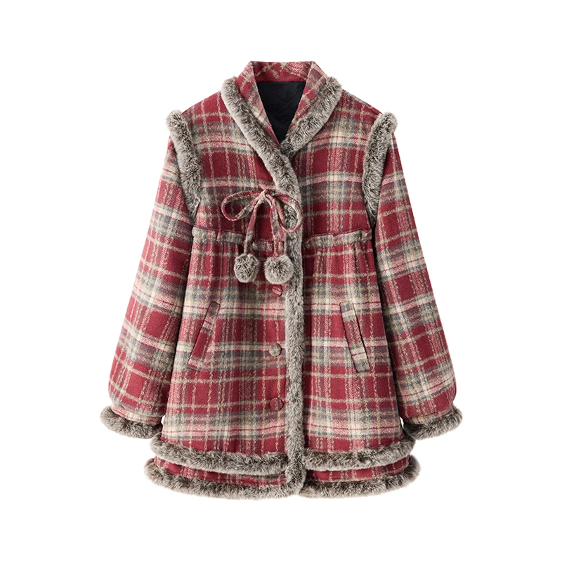 加厚红色毛呢外套女2025冬季新款圣诞季甜美夹棉格纹呢子大衣4570