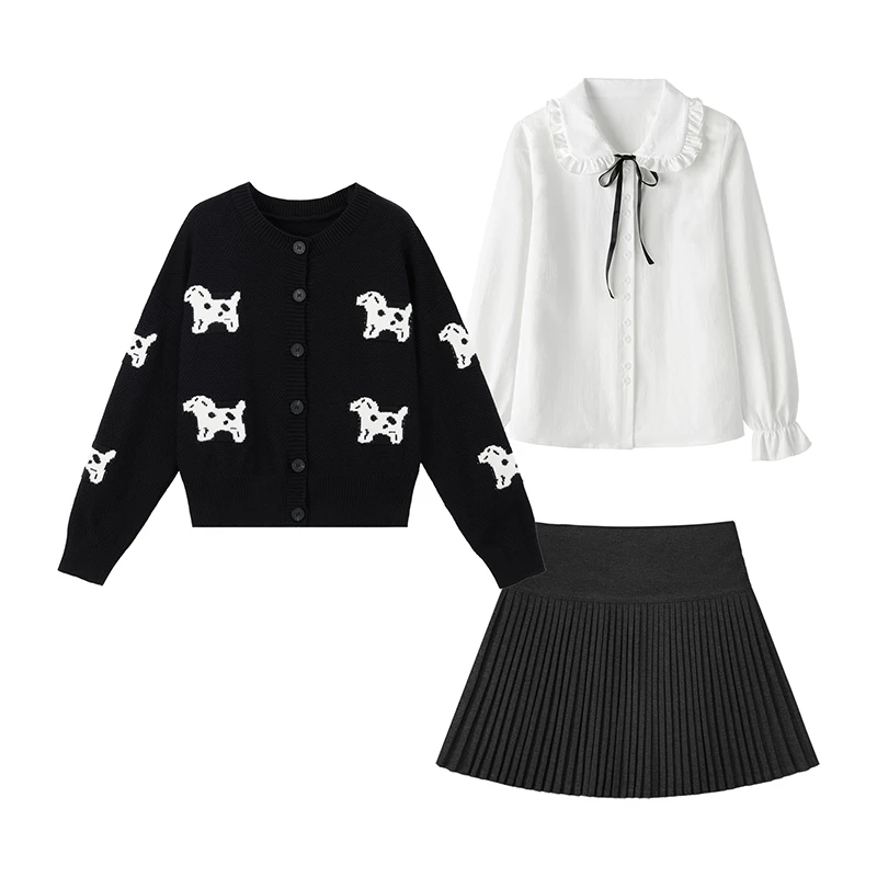 春秋穿搭一整套女新款针织开衫花边长袖衬衫百褶半身裙三件套1914