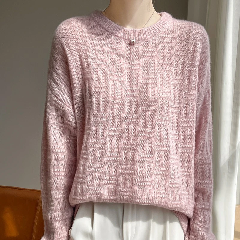 24秋冬新款丝羊绒花纱女圆领羊绒衫百搭宽松迷宫提花