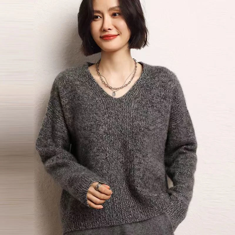 三股加厚AB纱纯山羊绒衫女V领宽松针织衫慵懒打底衫毛衣新款