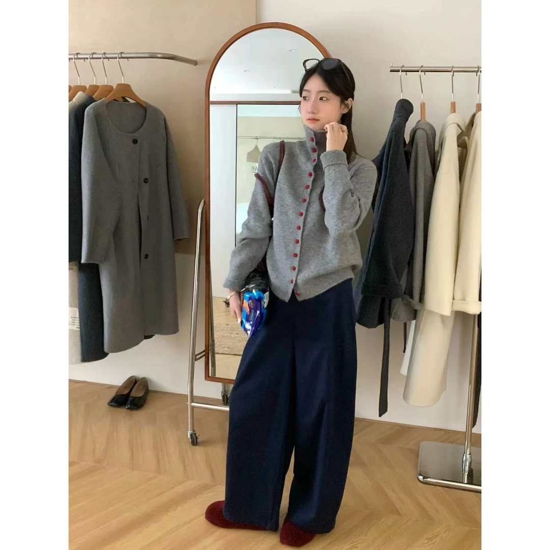 XH4107#气质温柔风高领撞色纽扣软糯针织开衫