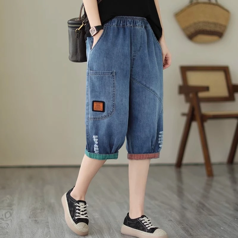 夏季薄款大码贴布五分牛仔裤女妈妈宽松显瘦哈伦裤休闲直筒六分裤