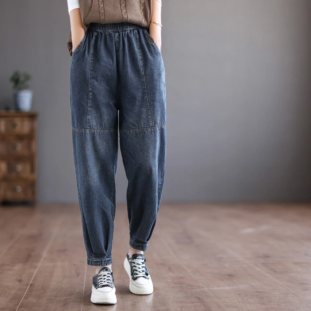 妈妈时尚大码牛仔长裤女春秋新款中年哈伦裤百搭休闲水洗九分垮裤
