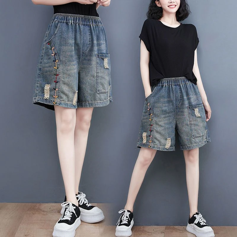 夏季薄款松紧牛仔短裤女大码显瘦高腰休闲宽松阔腿刺绣百搭四分裤