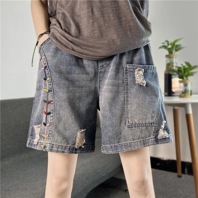 复古牛仔短裤女夏季新款刺绣破洞大码五分裤松紧腰宽松显瘦哈伦裤