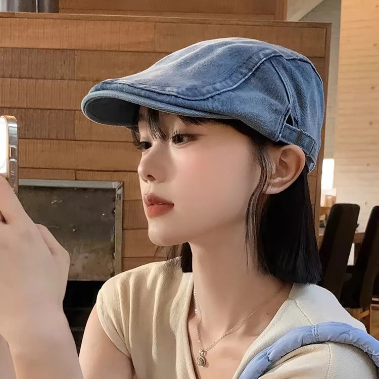 水洗牛仔前进帽女春秋款日系复古显脸小贝雷帽反戴大头围画家帽子