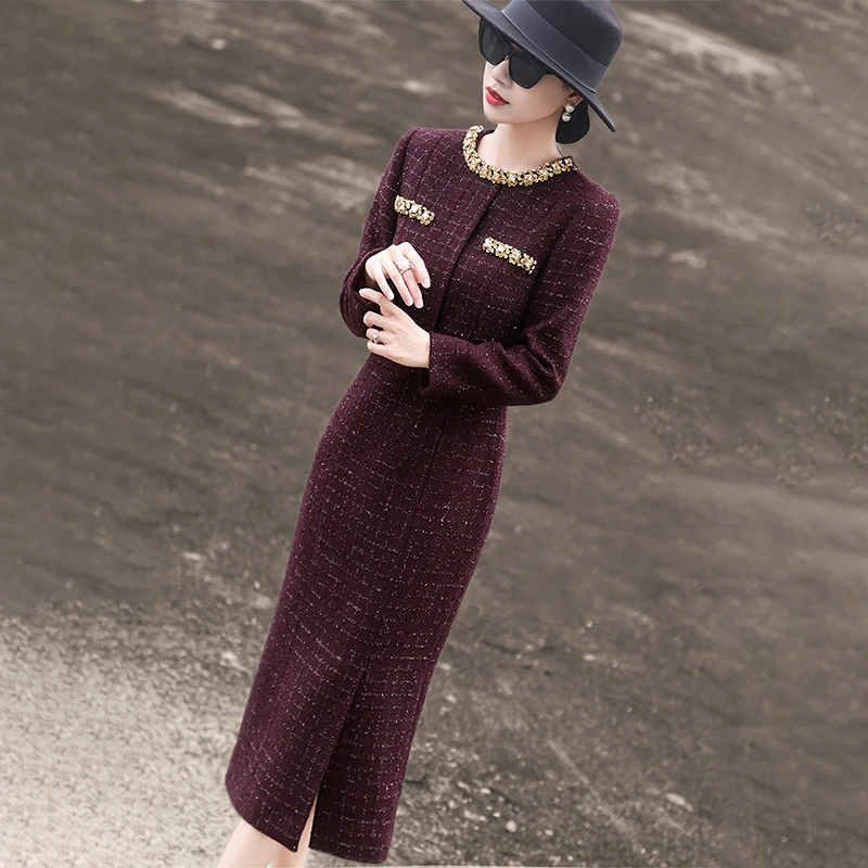 兰瑟儿秋冬季裙子新款气质通勤长袖开叉显瘦连衣裙女104WL9298