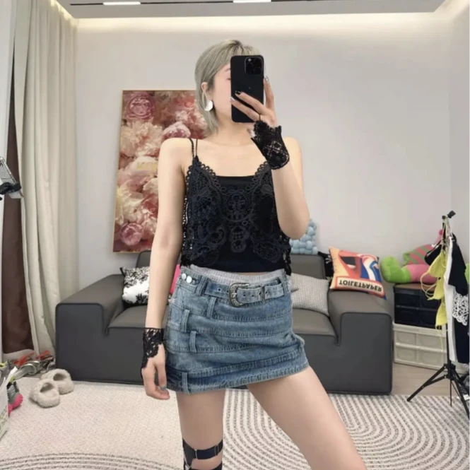 拼接侧边魔术贴防走光内衬牛仔短裙THR8226