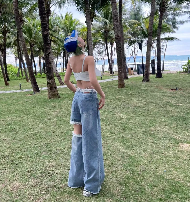 NEW不对称裤腿花边设计宽松直筒牛仔裤JEC41K01