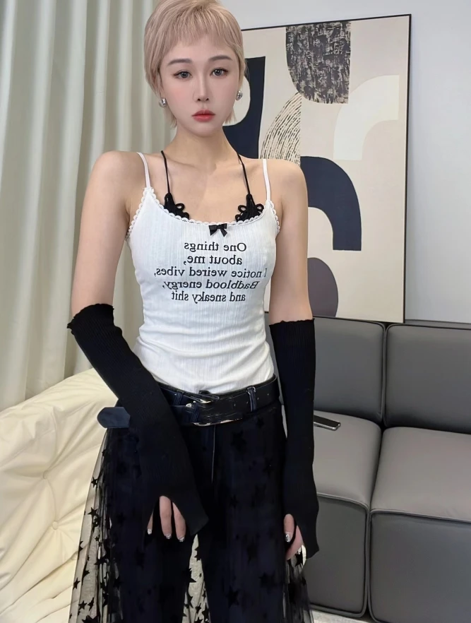 NEW撞色字母印花蝴蝶结显瘦白色短款修身美背吊带上衣 ABC33C257