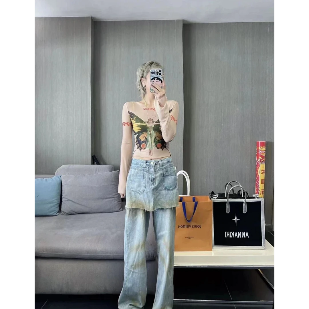 假两件喷漆水洗磨白宽松休闲直筒牛仔裤JEC3676