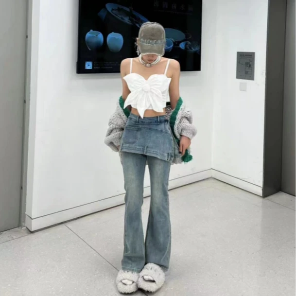 假两件弹力喇叭牛仔裤JEC5082