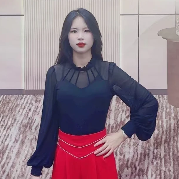 欢舞阁摩登双人舞半高领灯笼袖交际舞广场舞网纱长袖上衣A0486