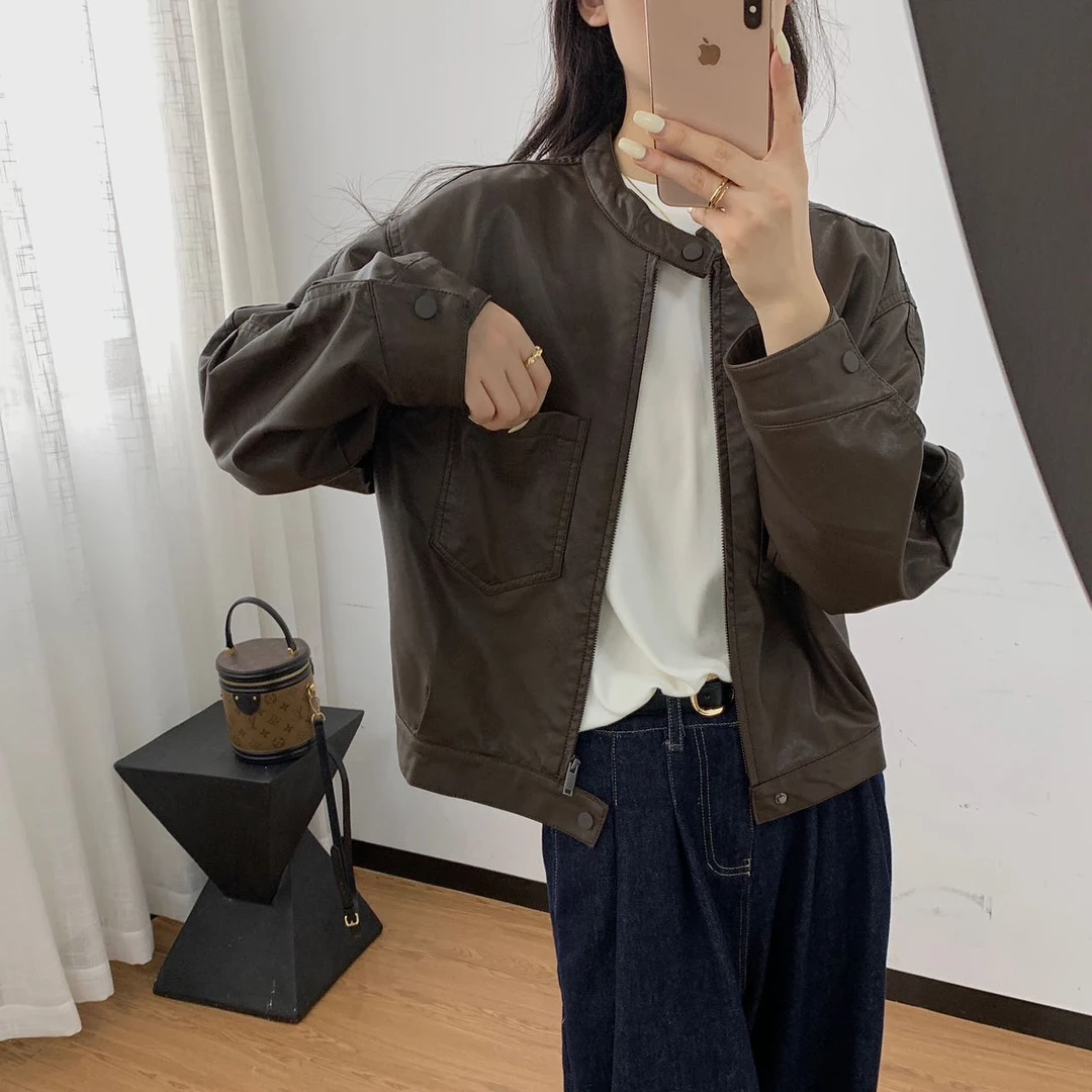 【218-tly】立领拉链皮夹克酷飒上衣简约大气秋季新款