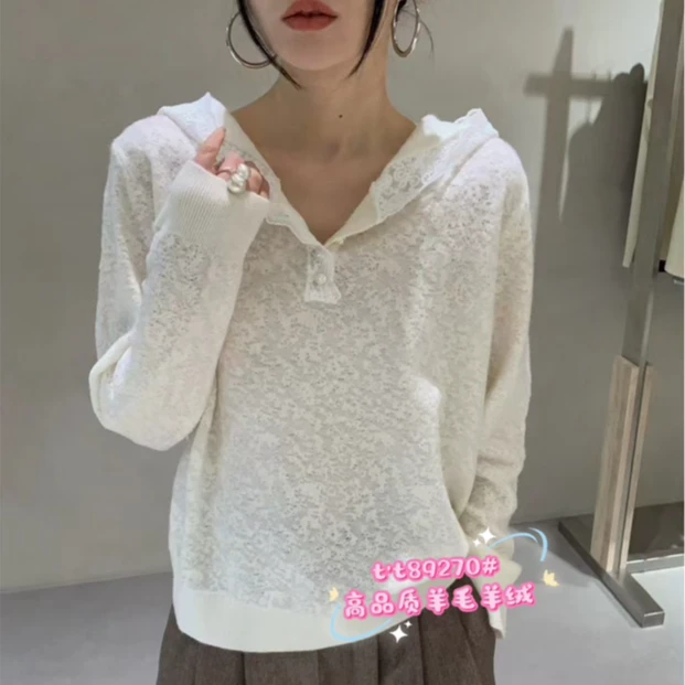 【89270-tt】花边连帽设计感长袖打底衫时尚百搭高品质韩版上衣