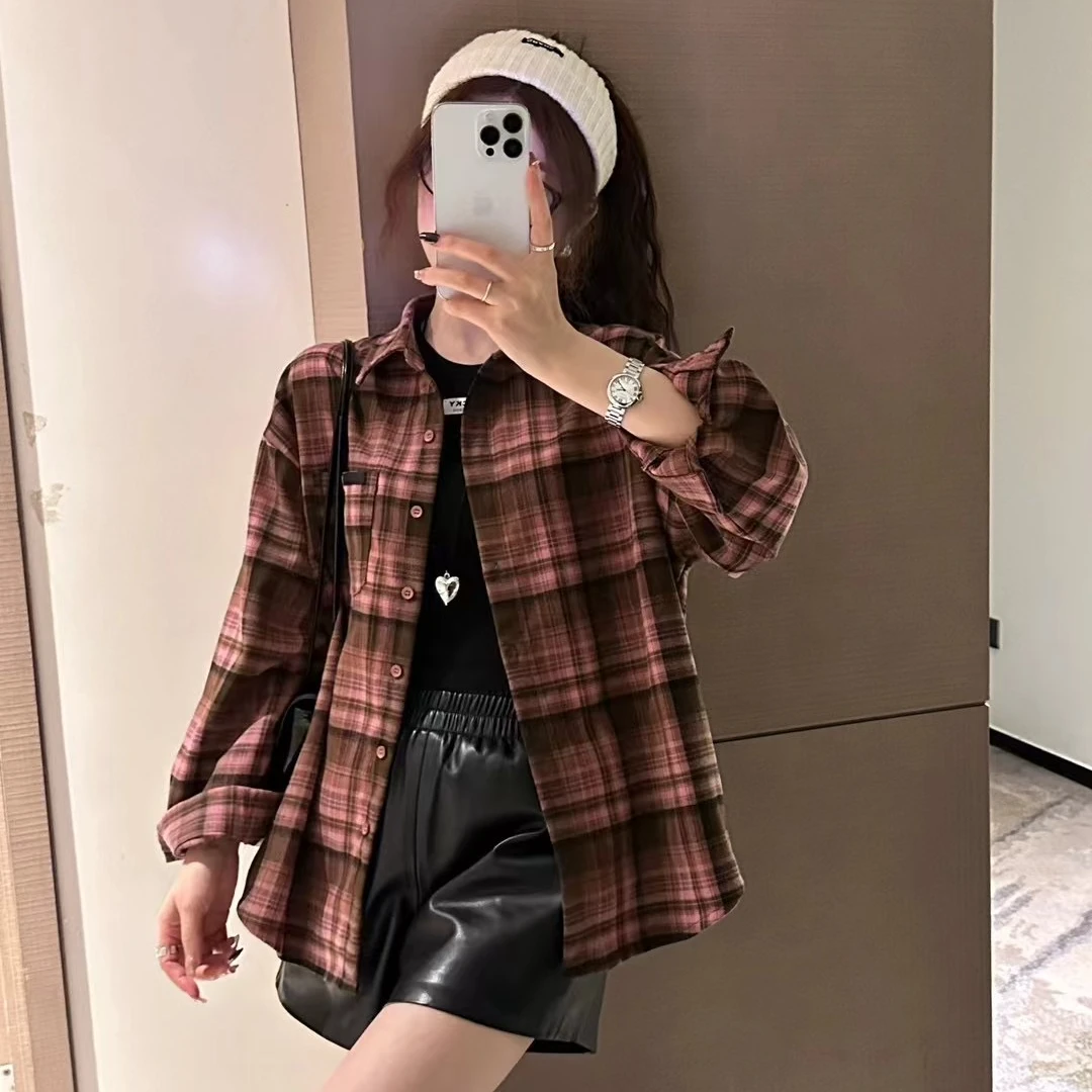 【3509-qxs】秋季新款复古格子衬衫外套休闲格纹春秋长袖