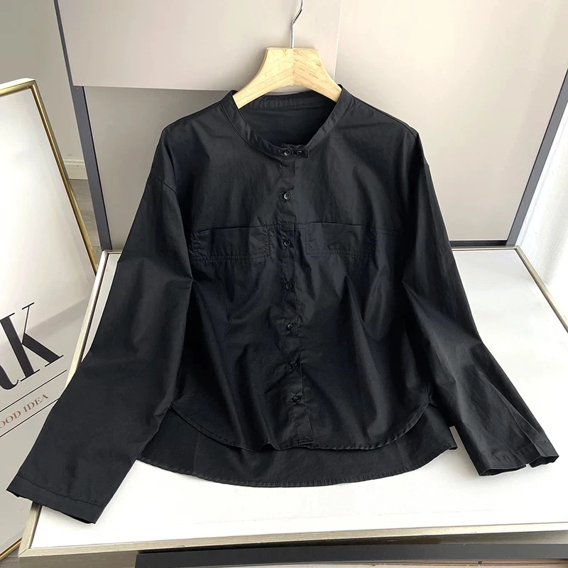 【910-hdl】小立领简约衬衫时尚休闲百搭韩版圆领衬衣