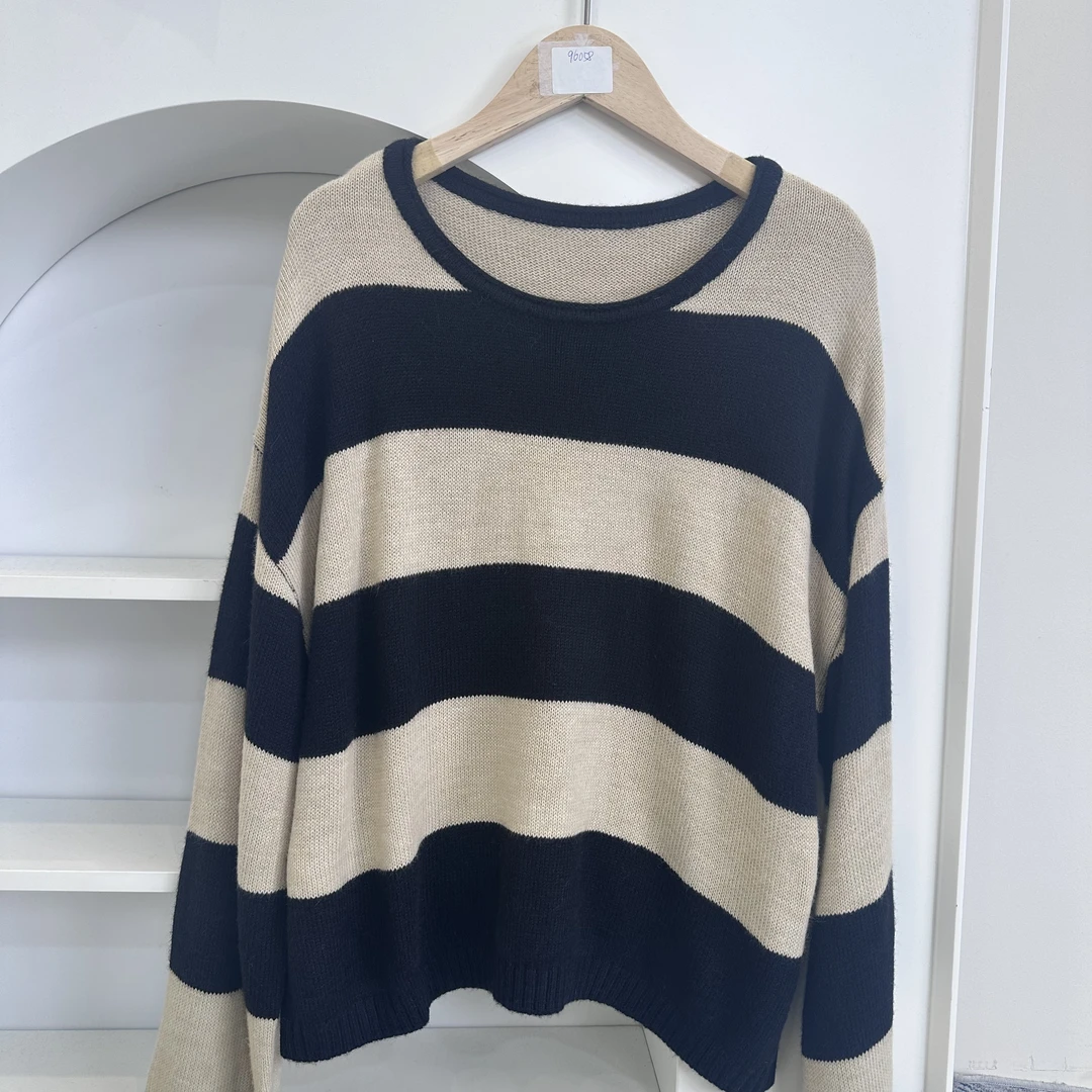 【96058-lm】长袖百搭复古宽松条纹慵懒风圆领套头短款休闲针织衫