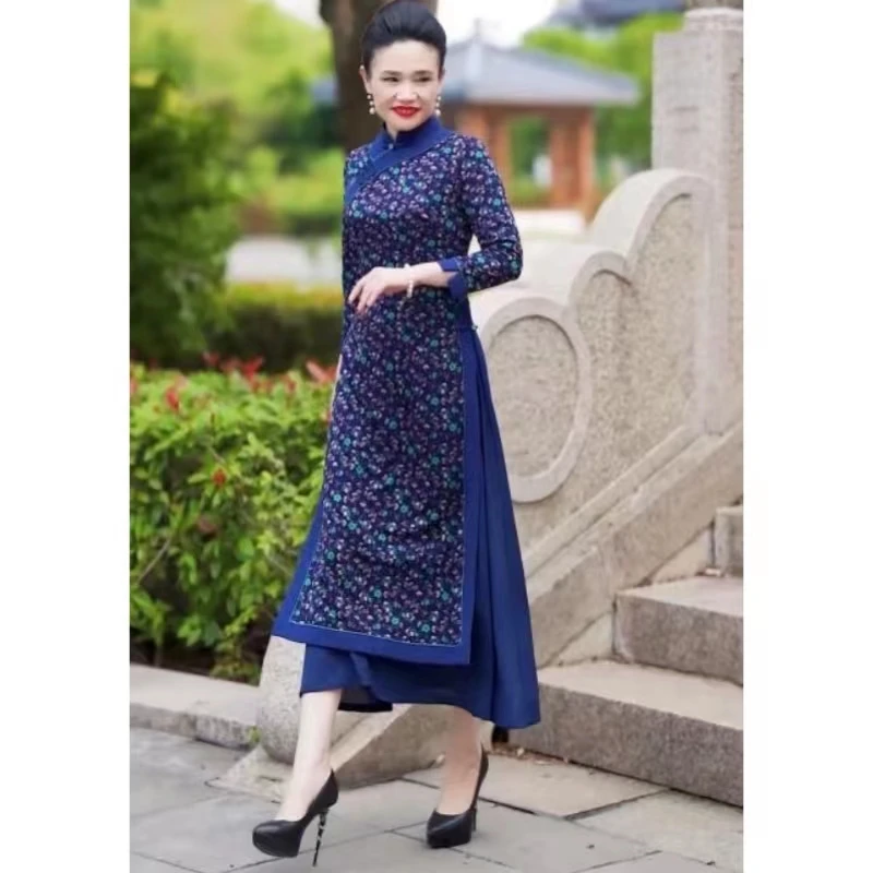 【阿庆嫂】复古蓝色碎花旗袍裙民族风气质修身时尚秋冬日常连衣裙