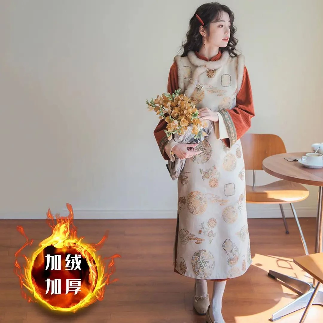 【小扬哥推荐】加绒加厚【宫墙雪】绝美气质秋旗袍马甲新中式红色连衣