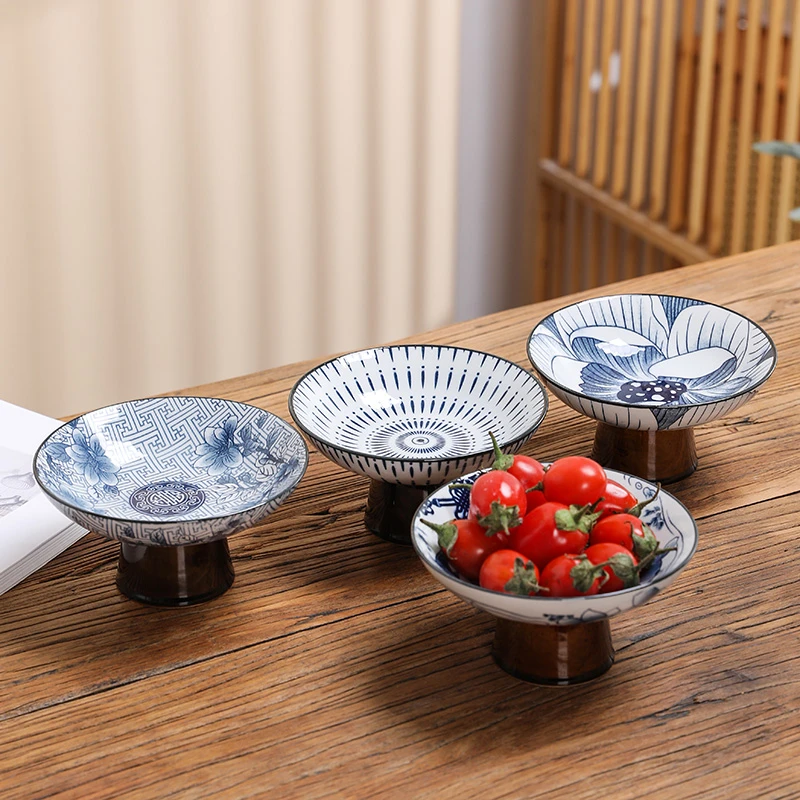 水果盘家用青花陶瓷高脚茶点盘干果盘日式禅意茶点心盘零食贡品盘