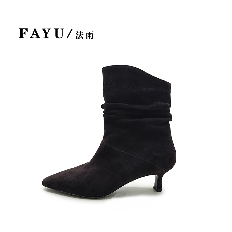 法雨2024秋冬新款尖头小跟羊猄加绒欧式百搭一脚蹬跟鞋短靴