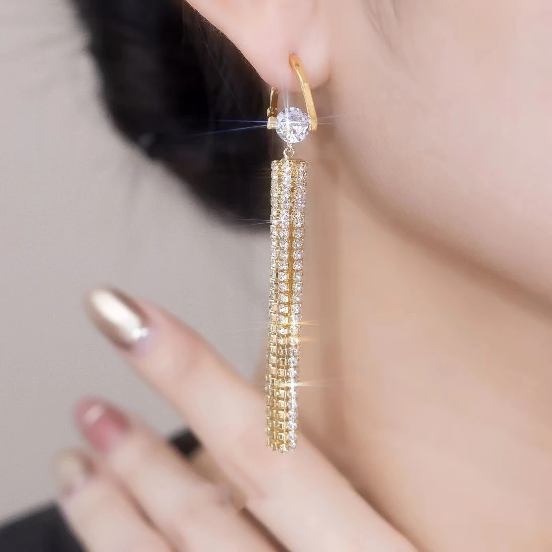 铜合金合成锆石耳饰 高级感时尚气质百搭长款轻奢重工耳环B126