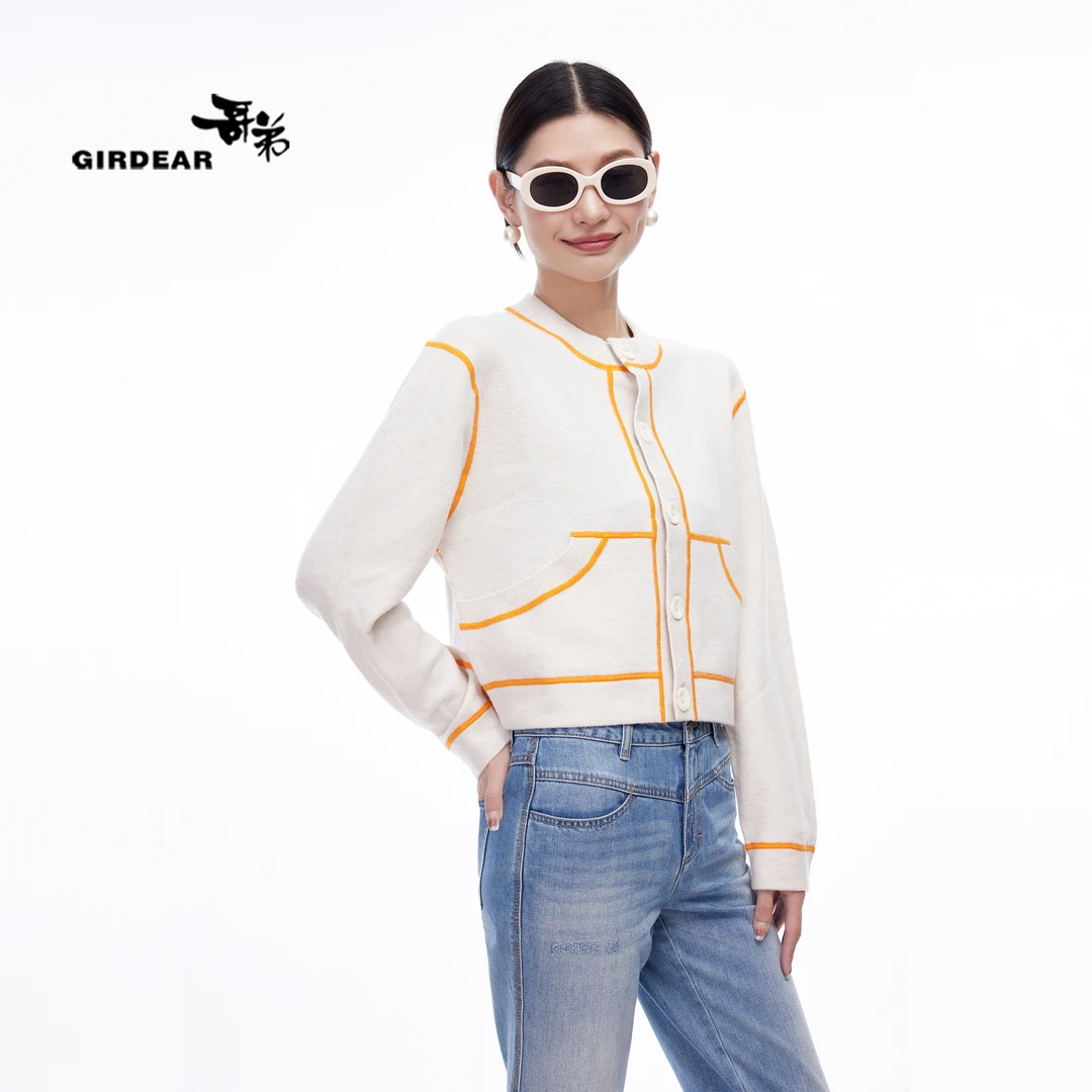 GIRDEAR/哥弟100%绵羊毛强缩毛呢明线撞色宽松圆领短外套1499220