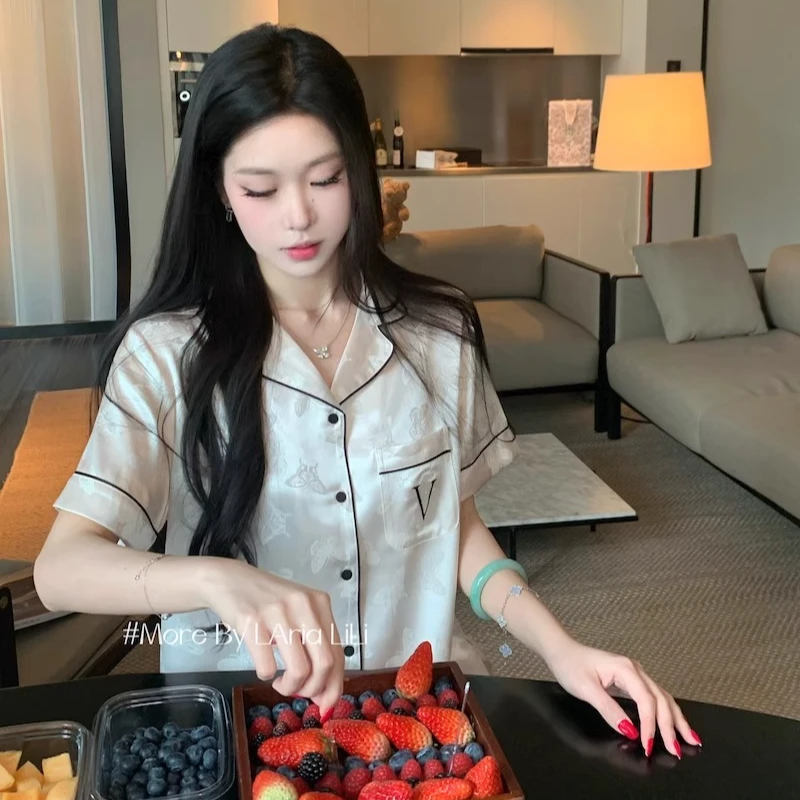 7月专属价【三件套缎面短袖】短裤长裤【蝴蝶提花】夏季女睡衣简约女