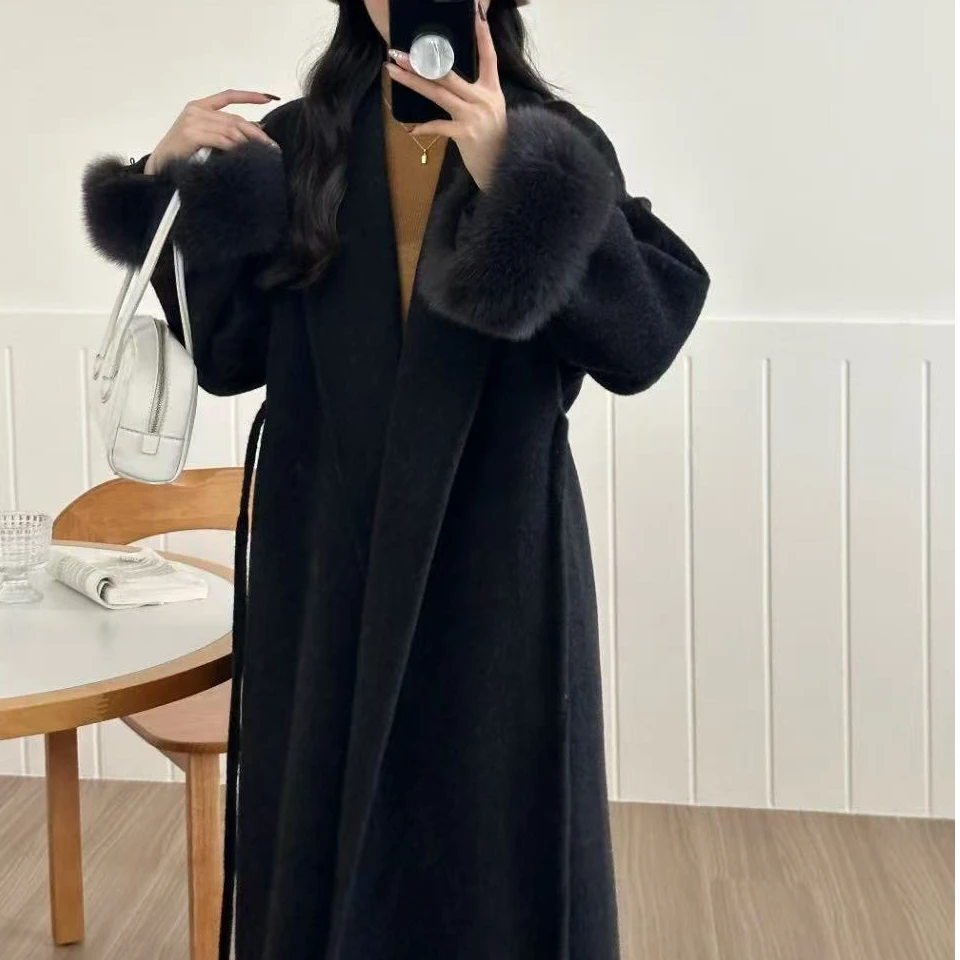 双面羊毛大衣女2024新款秋冬季高级感韩版宽松系带加厚羊毛呢外套