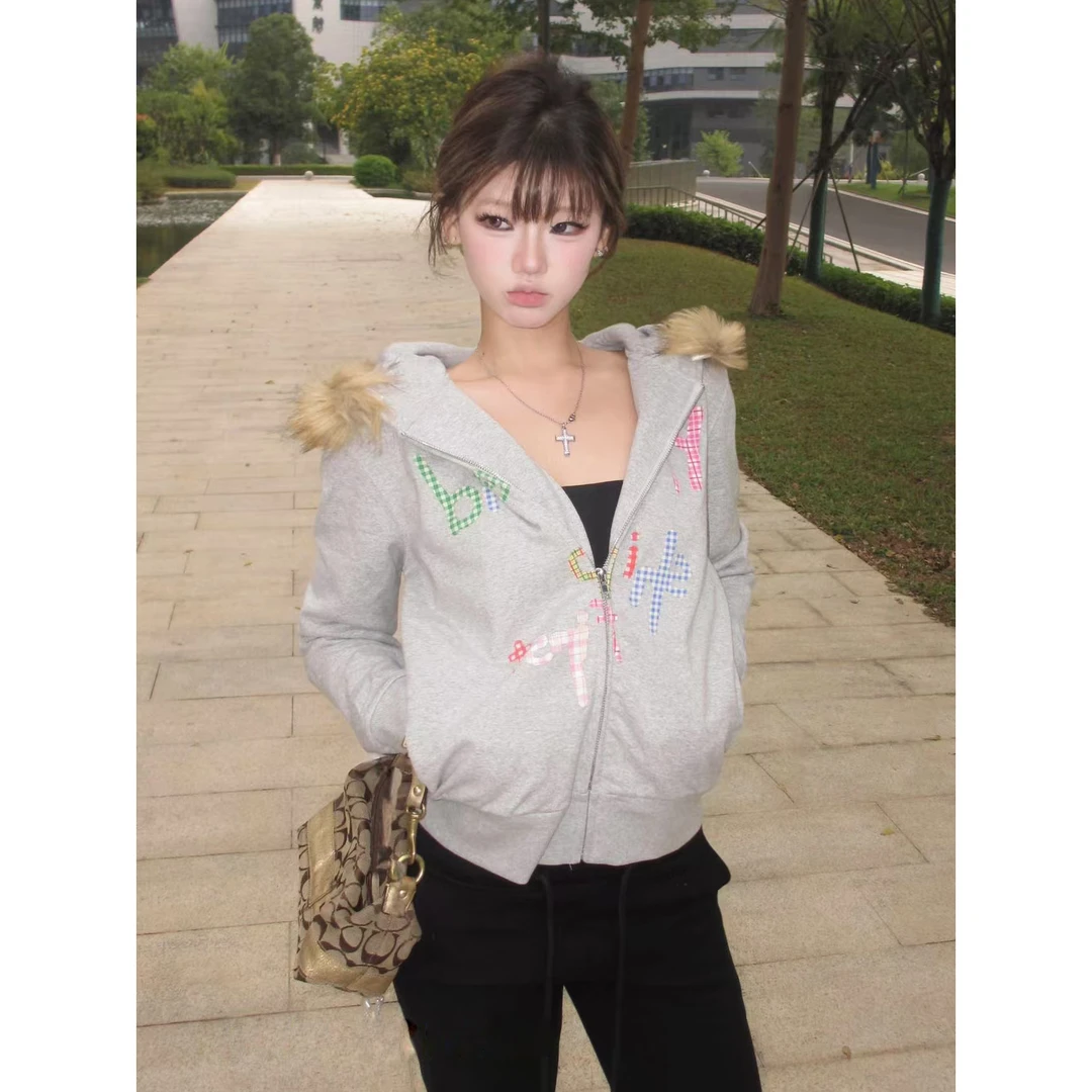 KTDA复古印花可拆卸毛领连帽开衫卫衣外套女秋季短款美式长袖上衣