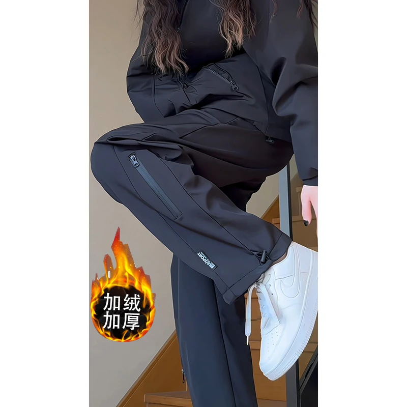 加绒软壳冲锋裤女2025三防登山裤男士宽松直筒裤高中生机能风裤子